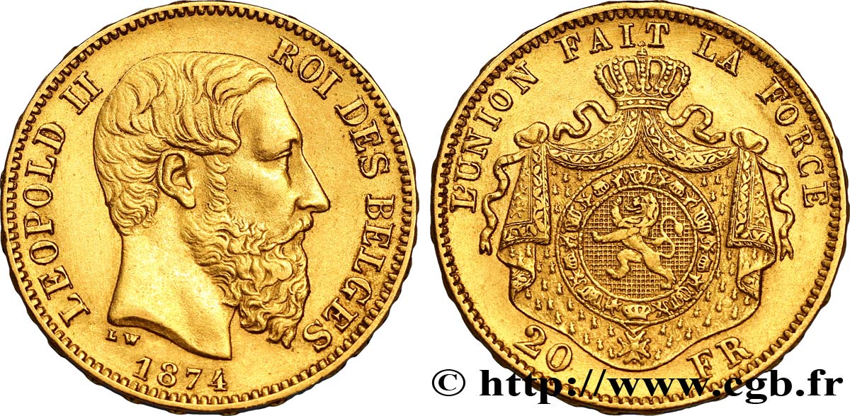 BELGIEN 20 Francs Léopold II 1874 Bruxelles VZ 
