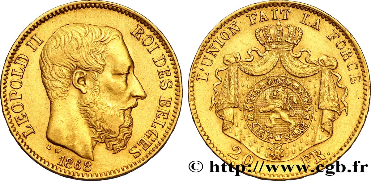 BÉLGICA 20 Francs Léopold II 1868 Bruxelles MBC+ 