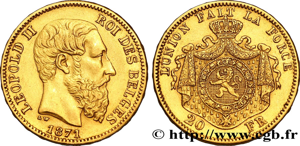 BELGIUM 20 Francs Léopold II 1871 Bruxelles AU 
