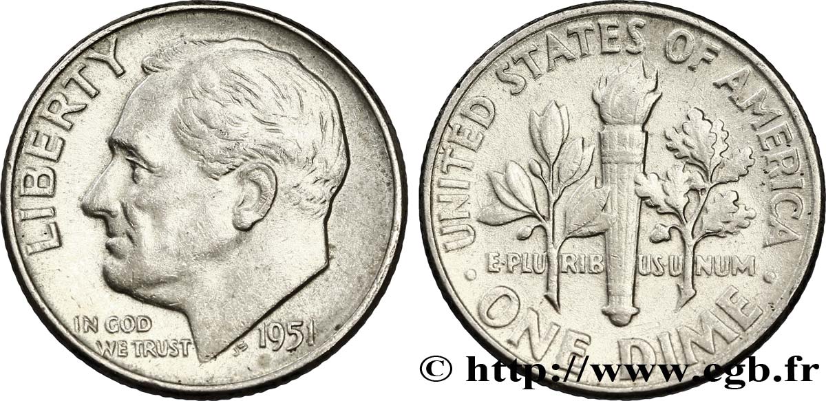 VEREINIGTE STAATEN VON AMERIKA 1 Dime(10 Cents) Roosevelt 1951 Philadelphie VZ 