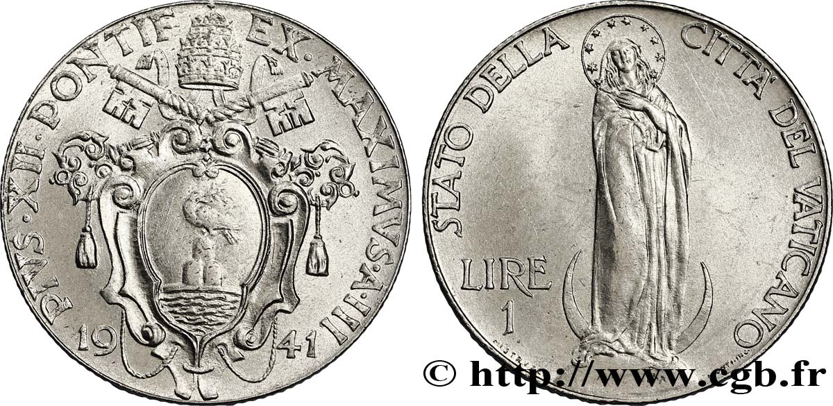 VATICANO Y ESTADOS PONTIFICIOS 1 Lire frappe au nom de Pie XII an III / Vierge sur un globe 1941 Rome SC 