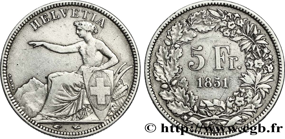 SWITZERLAND 5 Francs Helvetia assise à l’écu 1851 Paris - A VF 