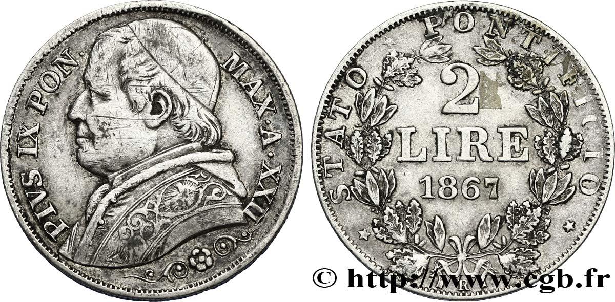 VATICAN ET ÉTATS PONTIFICAUX 2 Lire Pie IX an XXII 1867  TTB 