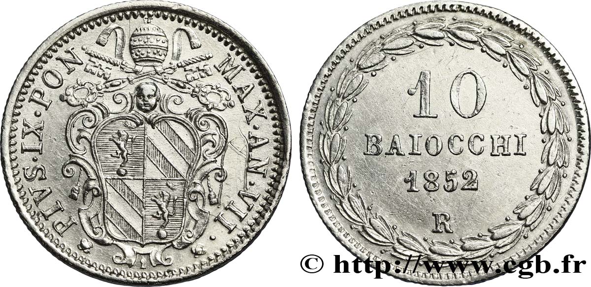 VATICANO Y ESTADOS PONTIFICIOS 10 Baiocchi Pie IX an VII 1852  Rome EBC 