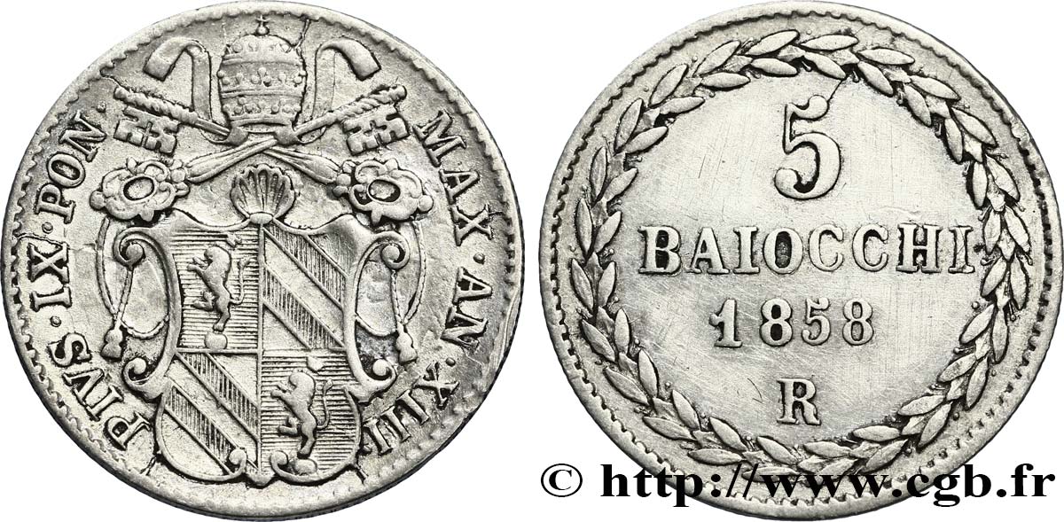 VATICAN AND PAPAL STATES 5 Baiocchi frappé au nom de Pie IX an XIII 1858  AU 