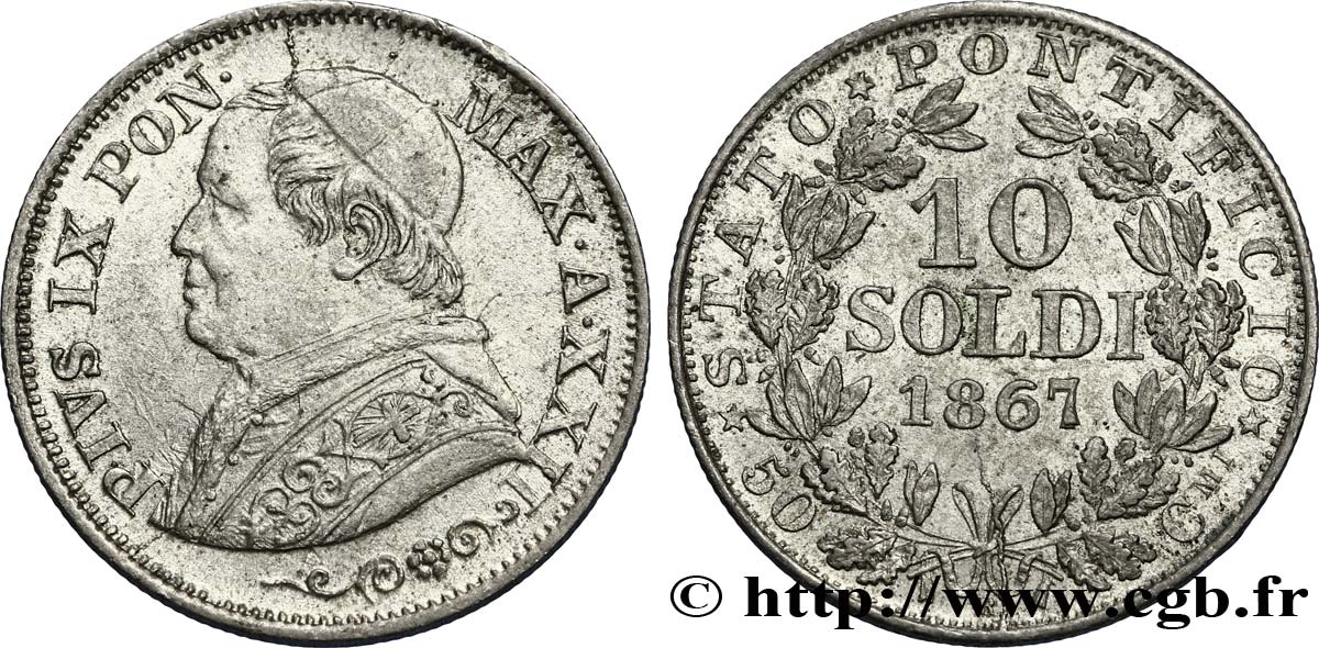 VATICAN AND PAPAL STATES 10 Soldi (50 Centesimi) Pie IX an XXI 1867 Rome AU 