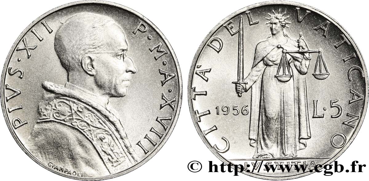 VATICAN AND PAPAL STATES 5 Lire Pie XII an XVIII / la ‘Justice’ 1956 Rome - R MS 