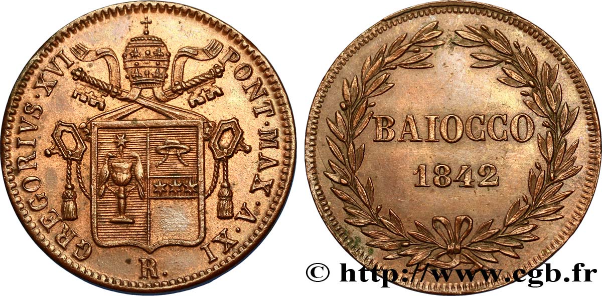 VATICAN AND PAPAL STATES 1 Baiocco armes du vatican frappé au nom de Grégoire XVI  an XI 1842 Rome AU 