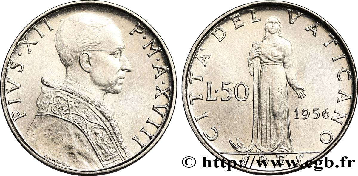 VATICANO Y ESTADOS PONTIFICIOS 50 Lire Pie XII an XVIII / Spes 1956 Rome - R SC 