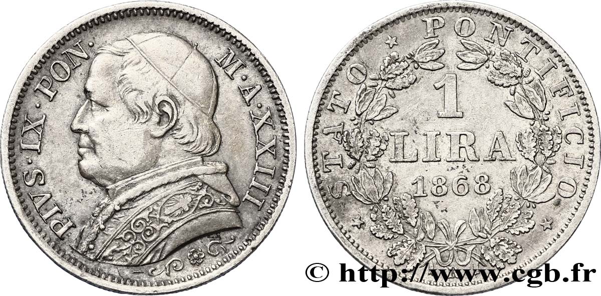 VATICAN AND PAPAL STATES 1 Lire Pie IX an XXIII 1868 Rome AU 