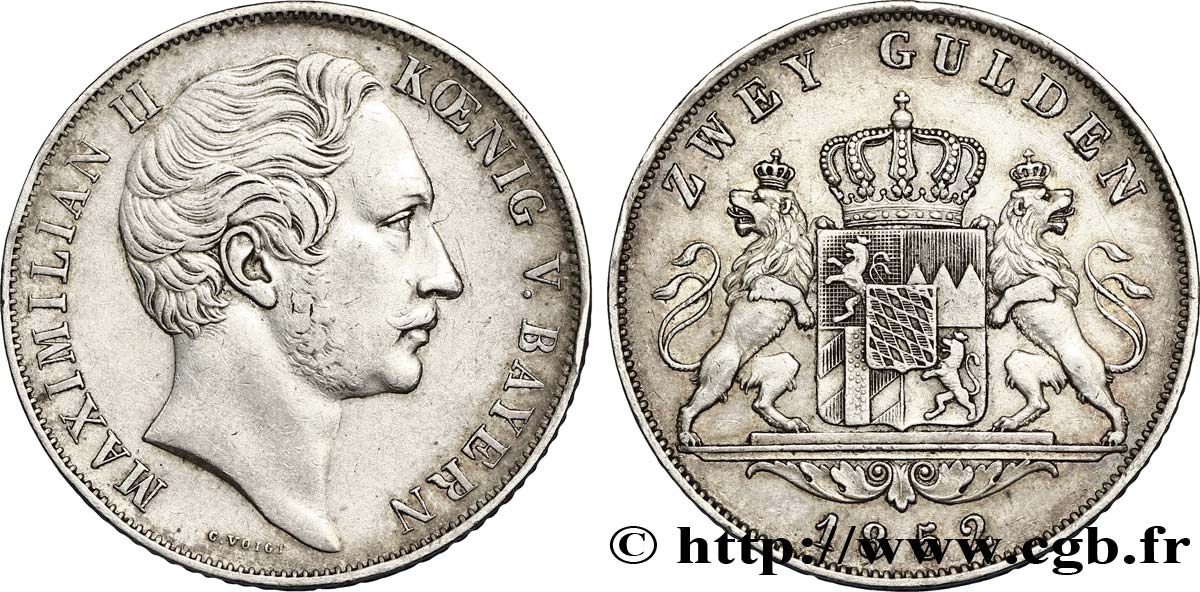 GERMANIA - BAVIERIA 2 Gulden Royaume de Bavière - Roi Maximilien II de Bavière 1852  BB 