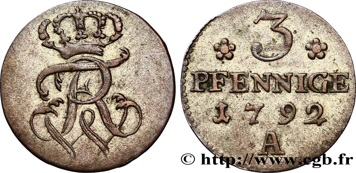 GERMANIA - PRUSSIA 3 Pfennige 1792 Berlin q.BB 