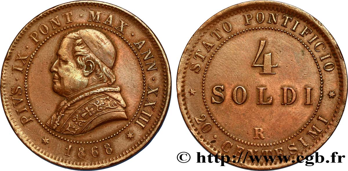 VATICAN AND PAPAL STATES 4 Soldi (20 Centesimi) Pie IX an XXIII 1868 Rome XF 