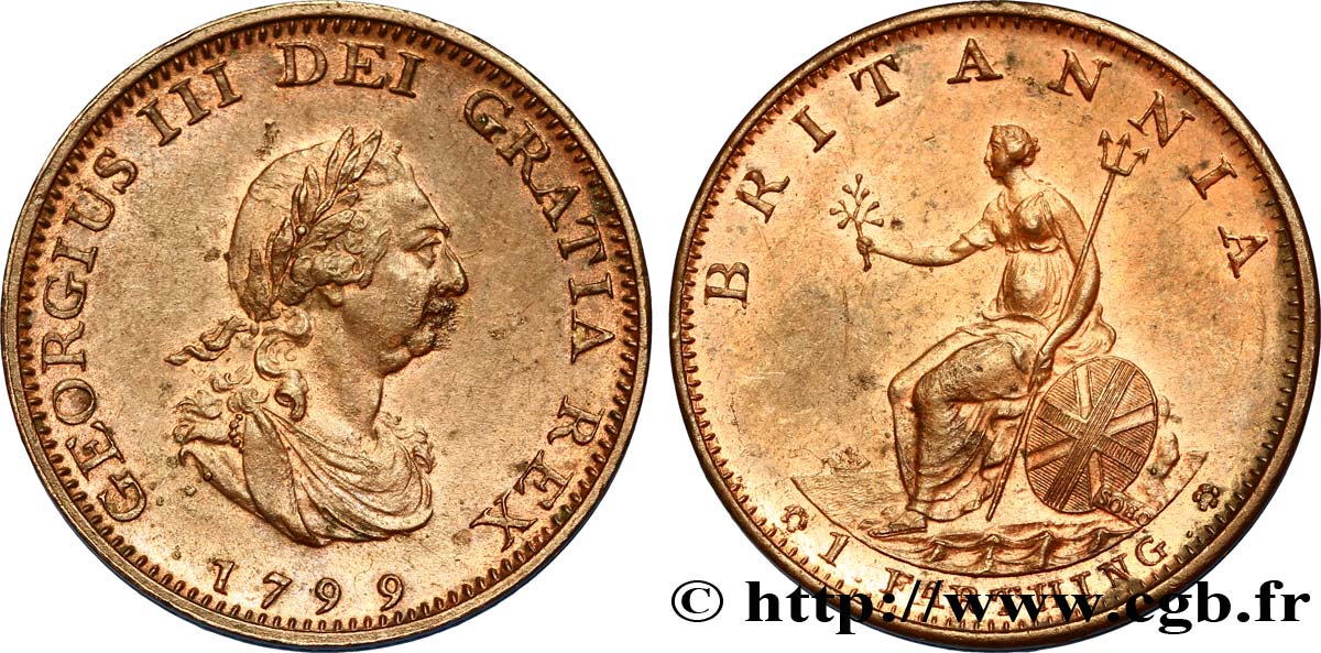 REGNO UNITO 1 Farthing Georges III tête laurée 1799 Soho SPL 