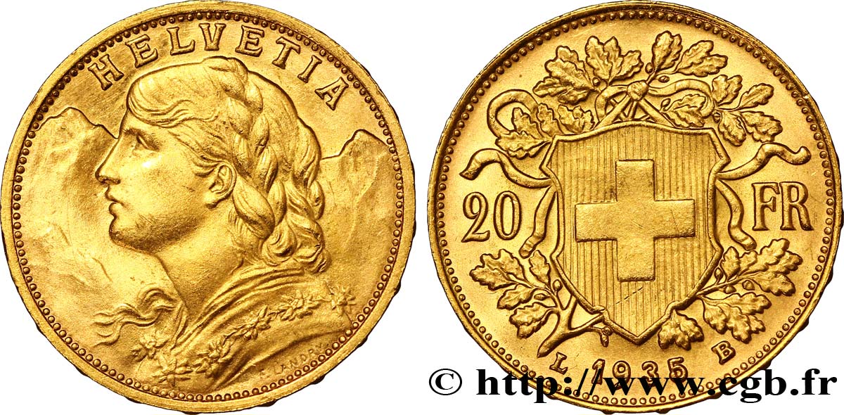 SWITZERLAND 20 Francs or  Vreneli  1935 Berne MS 