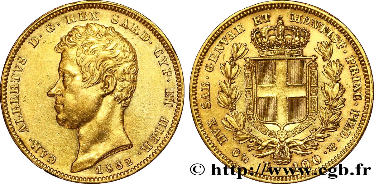 ITALIE - ROYAUME DE SARDAIGNE 100 Lire Charles-Albert roi de Sardaigne / armes de Savoie couronnées 1832 Gênes TTB+ 