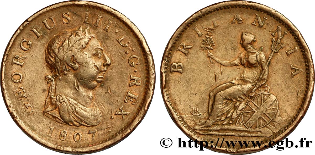 ROYAUME-UNI 1 Penny Georges III tête laurée 1807 Soho TB+ 