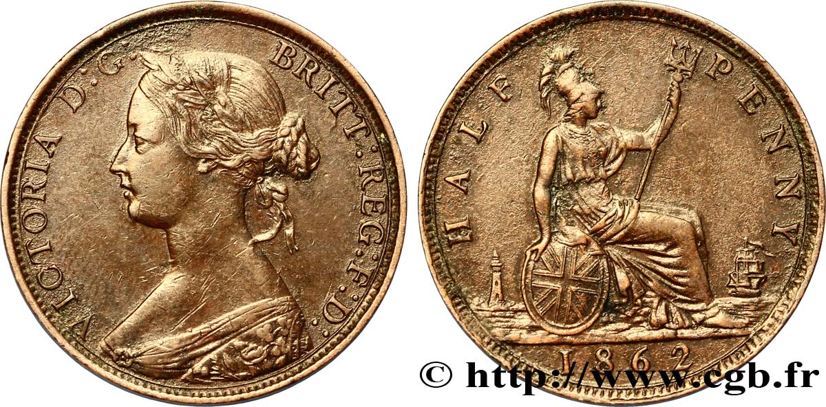 UNITED KINGDOM 1/2 Penny Victoria “Bun Head” 1862  XF 