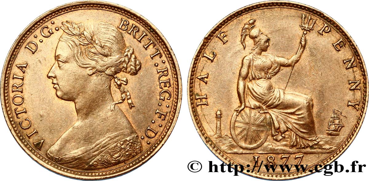 UNITED KINGDOM 1/2 Penny Victoria “Bun Head” 1877  XF 