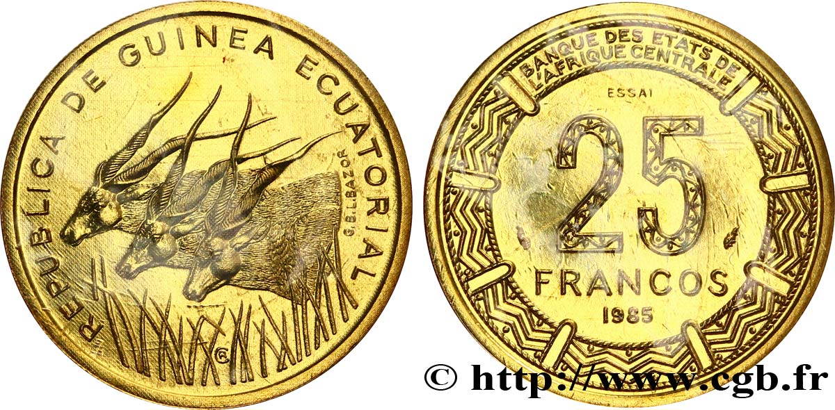 ÄQUATORIALGUINEA Essai de 25 Francos BEAC antilopes 1985 Paris ST 