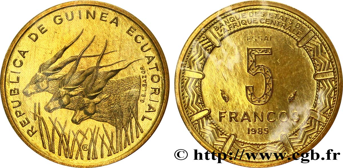 ÄQUATORIALGUINEA Essai de 5 Francos BEAC antilopes 1985 Paris ST 