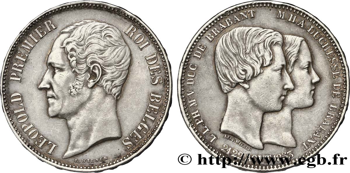 BELGIO 5 Francs mariage du Duc et de la Duchesse de Brabant 1853  SPL 
