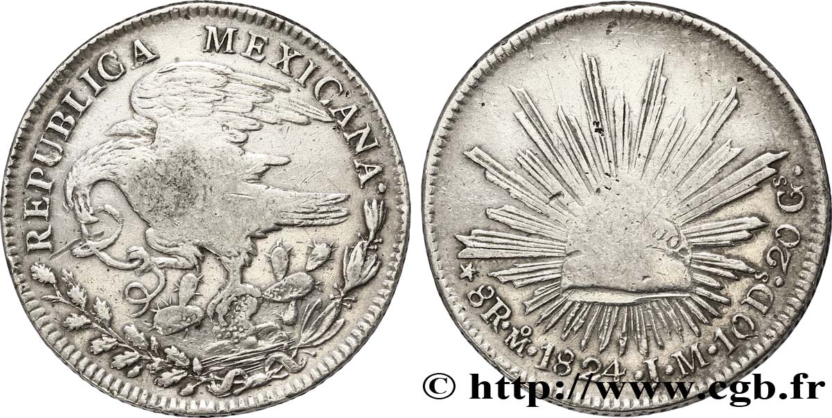 MÉXICO 8 Reales Aigle / bonnet phrygien sur soleil surfrappe 1875/6 1824 Mexico BC+ 