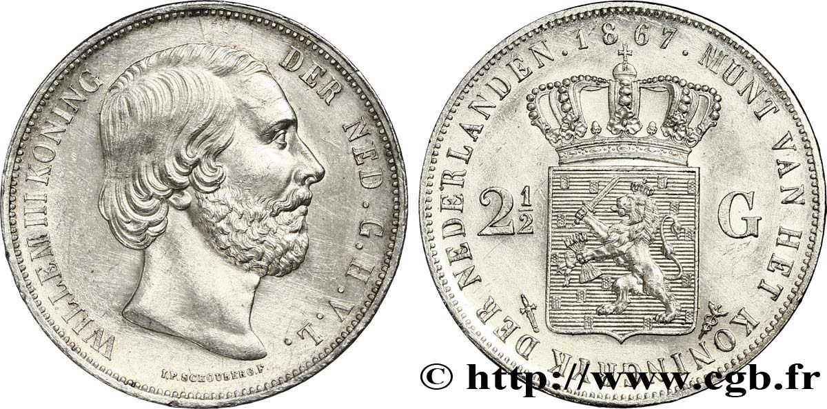 NETHERLANDS 2 1/2 Gulden Guillaume III 1867 Utrecht AU 