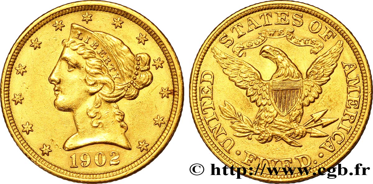 ÉTATS-UNIS D AMÉRIQUE 5 Dollars  Liberty  1902 Philadelphie fVZ 