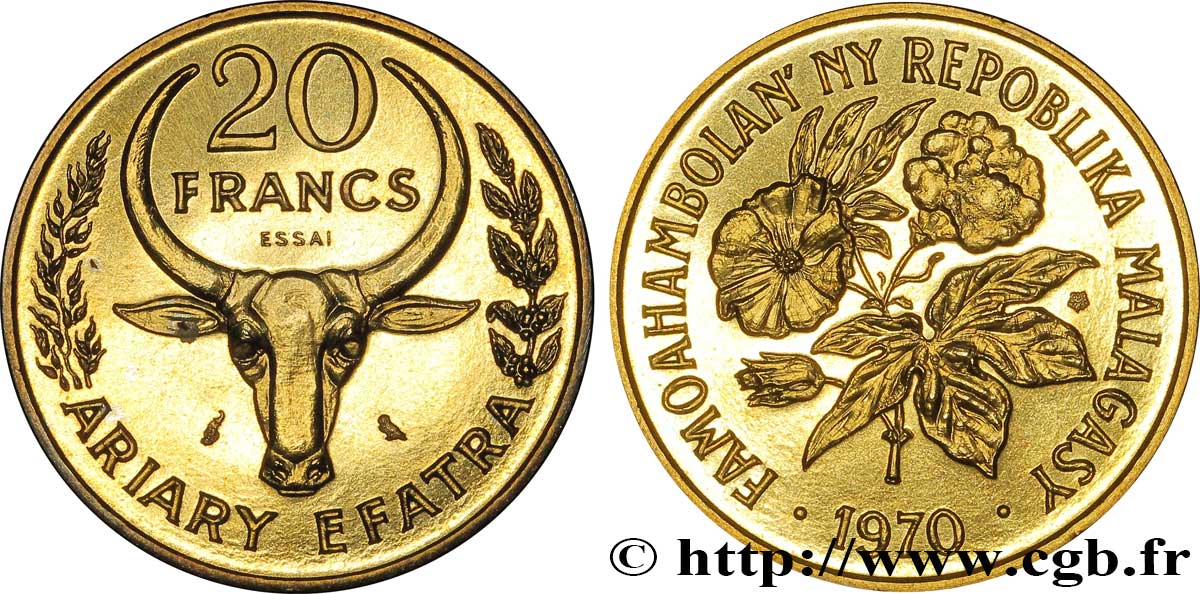 MADAGASKAR Essai de 20 Francs - 4 Ariary buffle / fleurs 1970 Paris fST 
