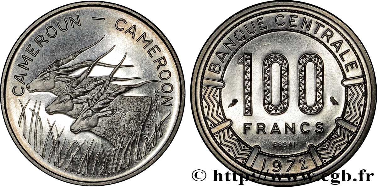 CAMEROUN Essai de 100 Francs légende bilingue, type Banque Centrale, antilopes 1972 Paris SPL 