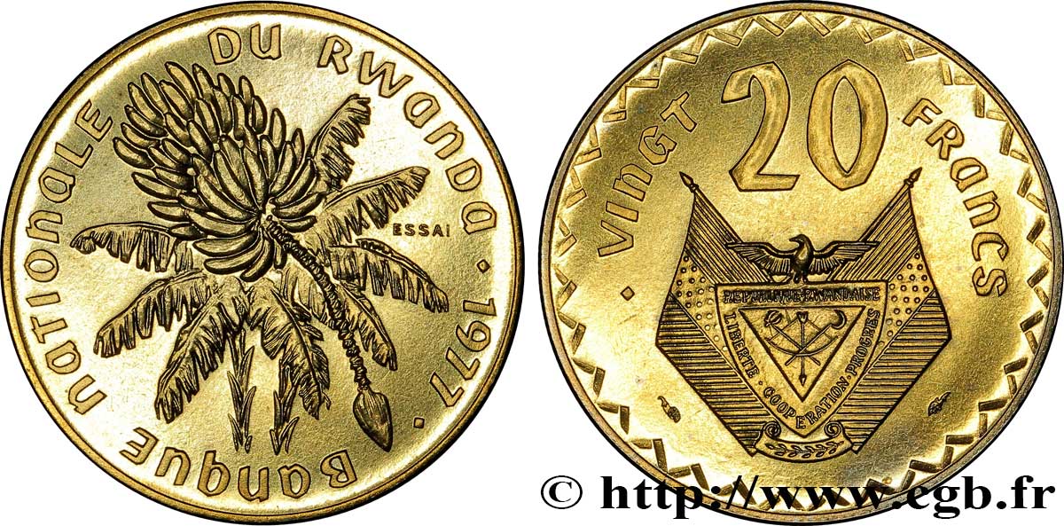 RUANDA Essai de 20 Francs emblème 1977 Paris MS 