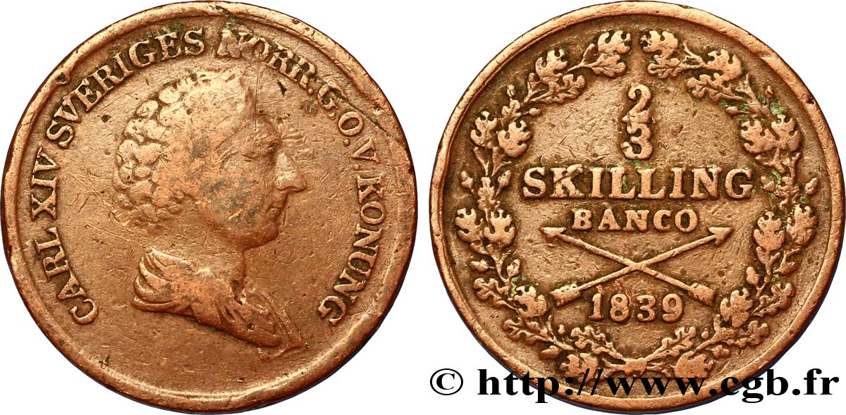 SWEDEN 2/3 Skilling banco Charles XIV 1839  VF 