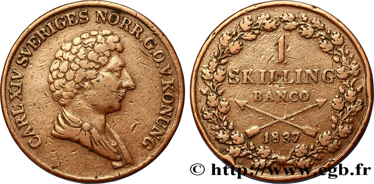 SWEDEN 1 Skilling Banco Charles XIV 1837  VF 
