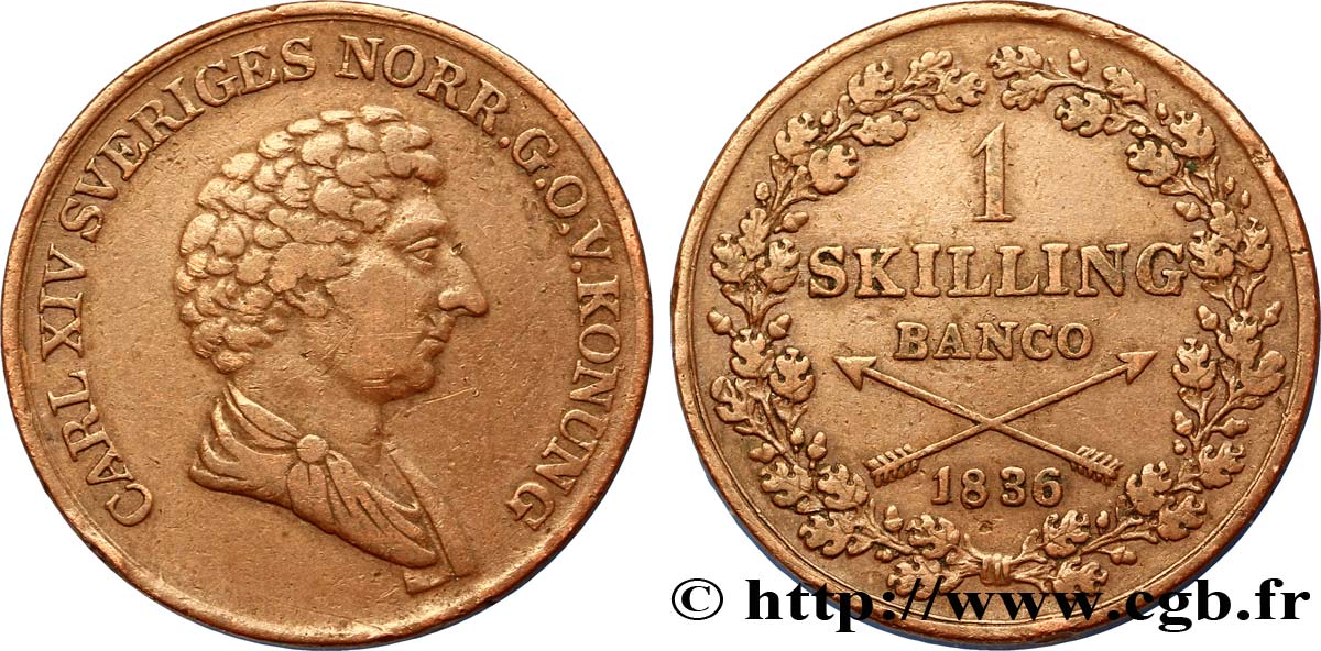 SWEDEN 1 Skilling Banco Charles XIV 1836  VF 