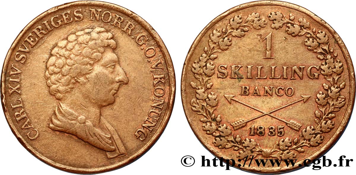SWEDEN 1 Skilling Banco Charles XIV 1835  VF 