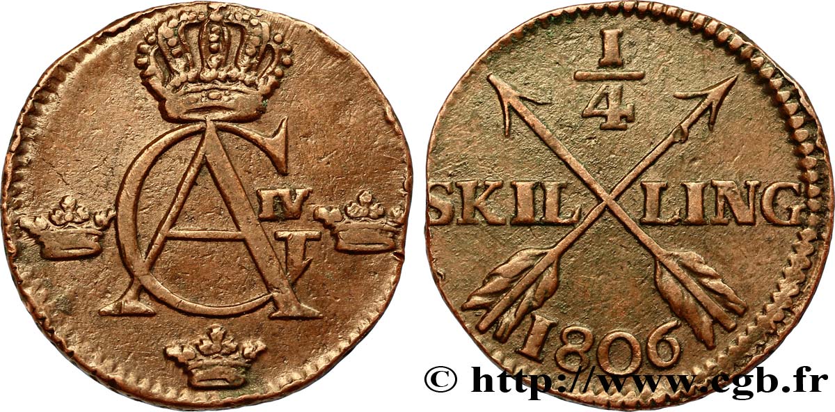 SUÈDE 1/4 Skilling monogramme du roi Gustave IV Adolphe 1806  TTB 