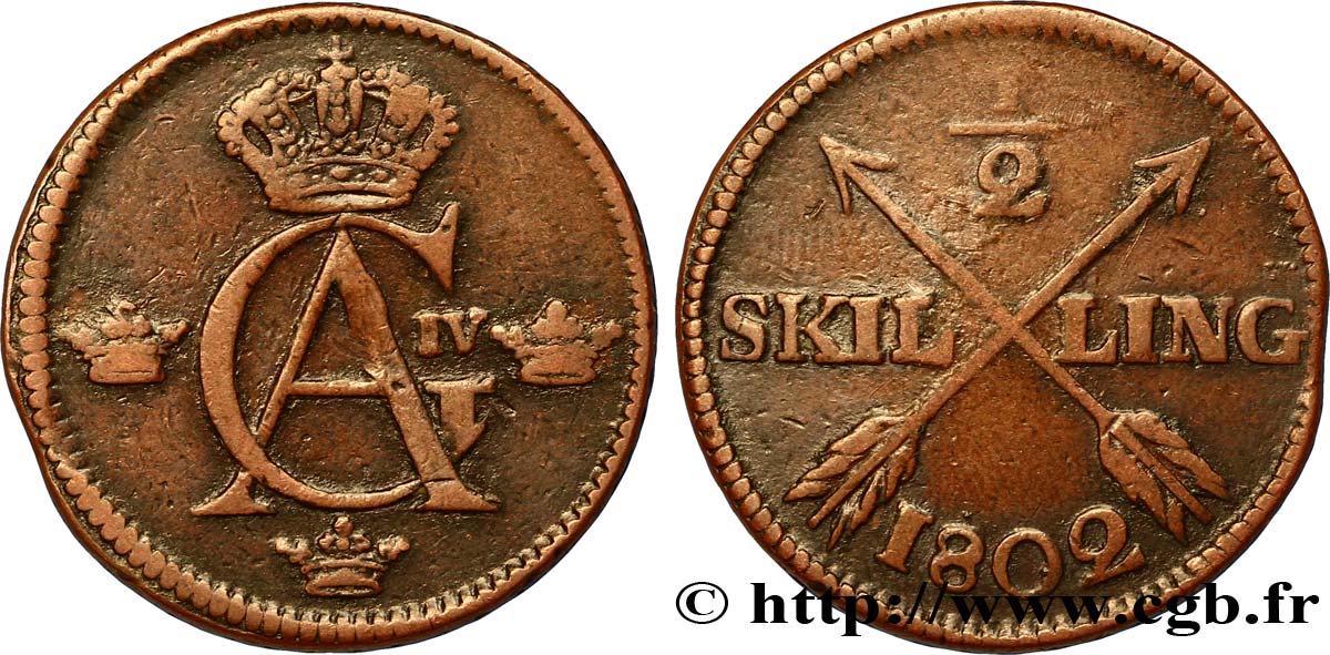 SVEZIA 1/2 Skilling monogramme du roi Gustave IV Adolphe 1802  q.BB 