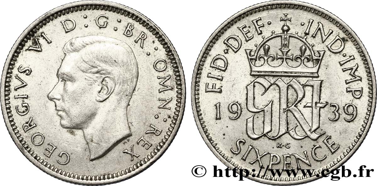 UNITED KINGDOM 6 Pence Georges VI / monograme GRI 1939  AU 