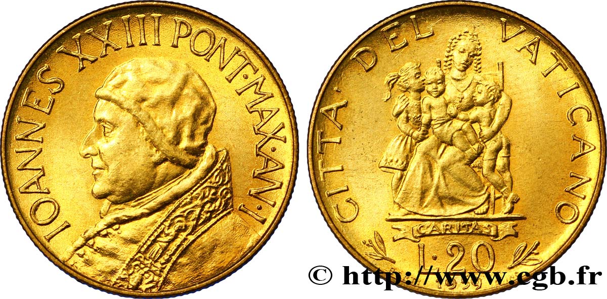 VATICAN AND PAPAL STATES 20 Lire Jean XXIII an I / Caritas 1959 Rome MS 