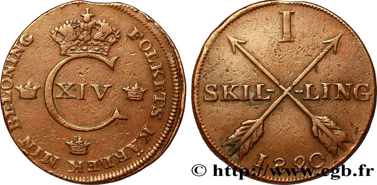 SWEDEN 1 Skilling monogramme de Charles XIV 1820  VF 
