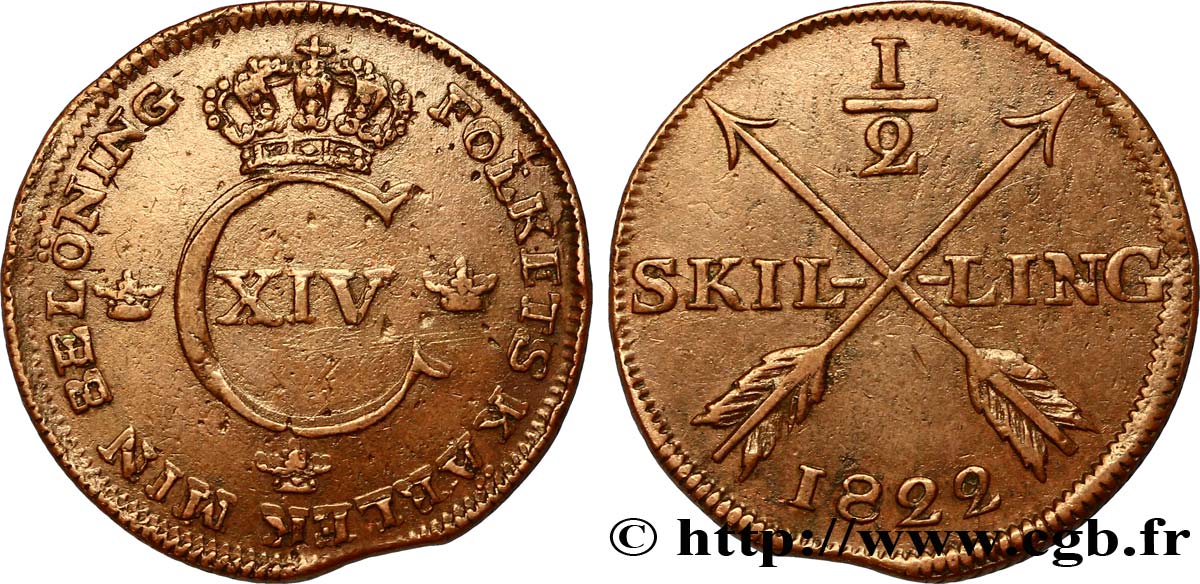 SWEDEN 1/2 Skilling monogramme du roi Charles XIV 1822  XF 