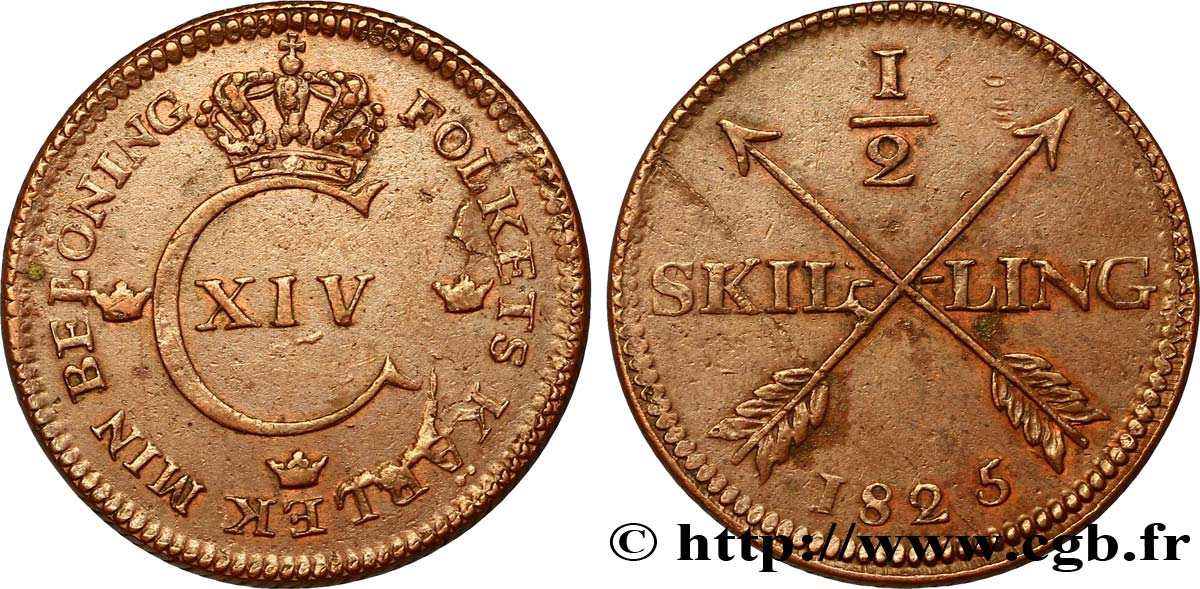 SWEDEN 1/2 Skilling monogramme du roi Charles XIV 1825  XF 