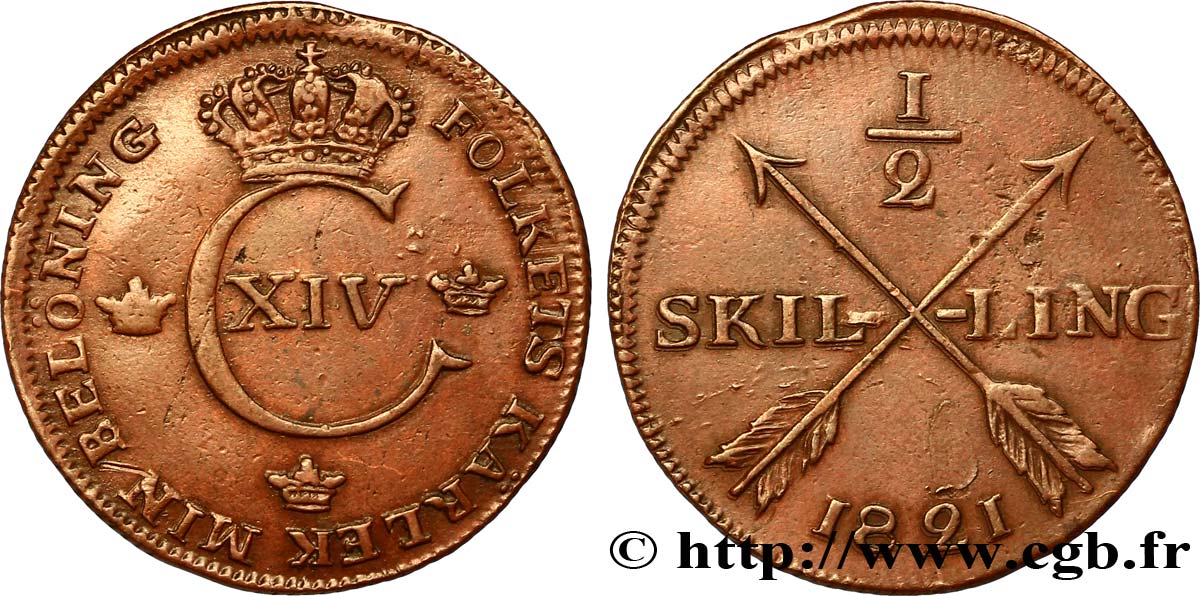 SUECIA 1/2 Skilling monogramme du roi Charles XIV 1821  BC+ 