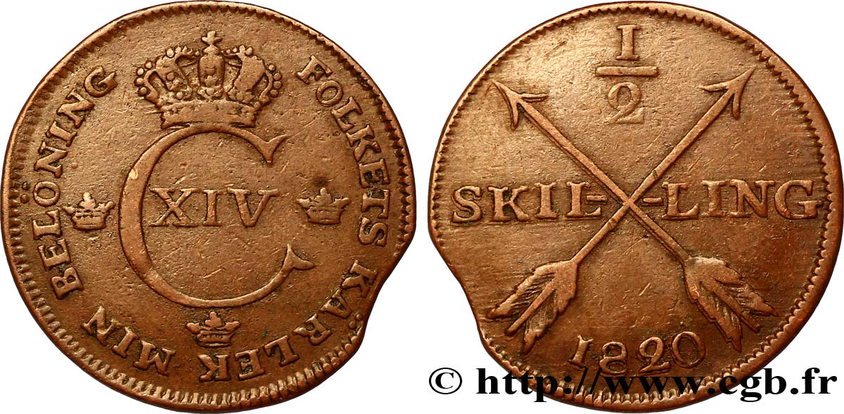SWEDEN 1/2 Skilling monogramme du roi Charles XIV 1820  VF 