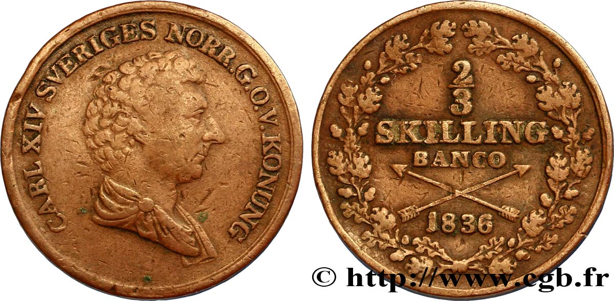 SWEDEN 2/3 Skilling banco Charles XIV 1836  VF 