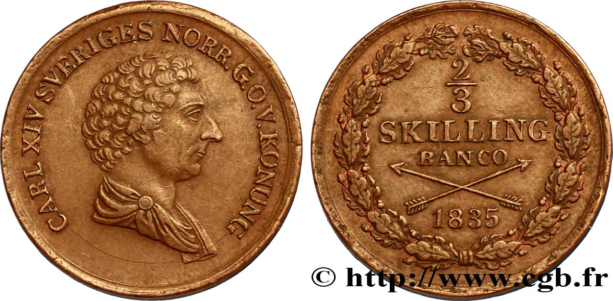 SWEDEN 2/3 Skilling banco Charles XIV 1835  XF 