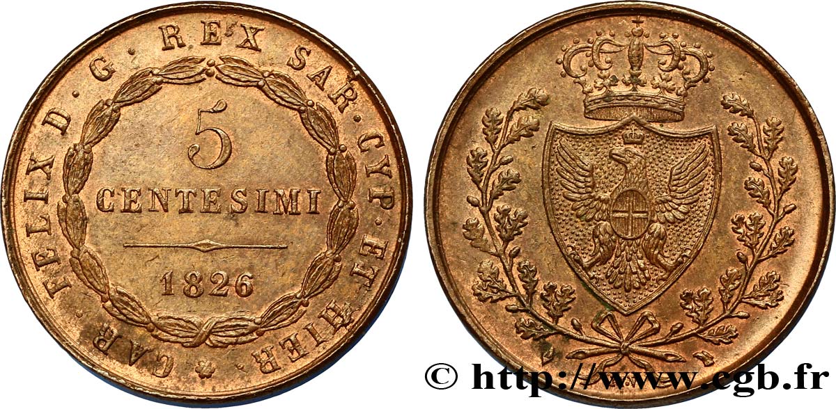 ITALIA - REINO DE CERDEÑA 5 Centesimi Royaume de Sardaigne type au “P” 1826 Turin EBC 