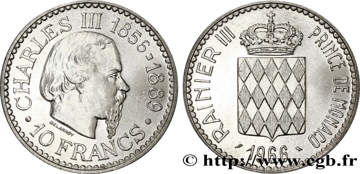 MONACO 10 Francs Charles III / écu couronné 1966 Paris SPL+ 