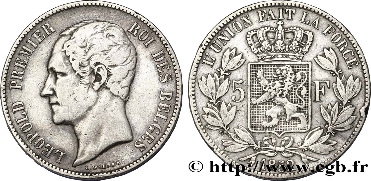 BELGIQUE 5 Francs Léopold Ier 1852  TB 